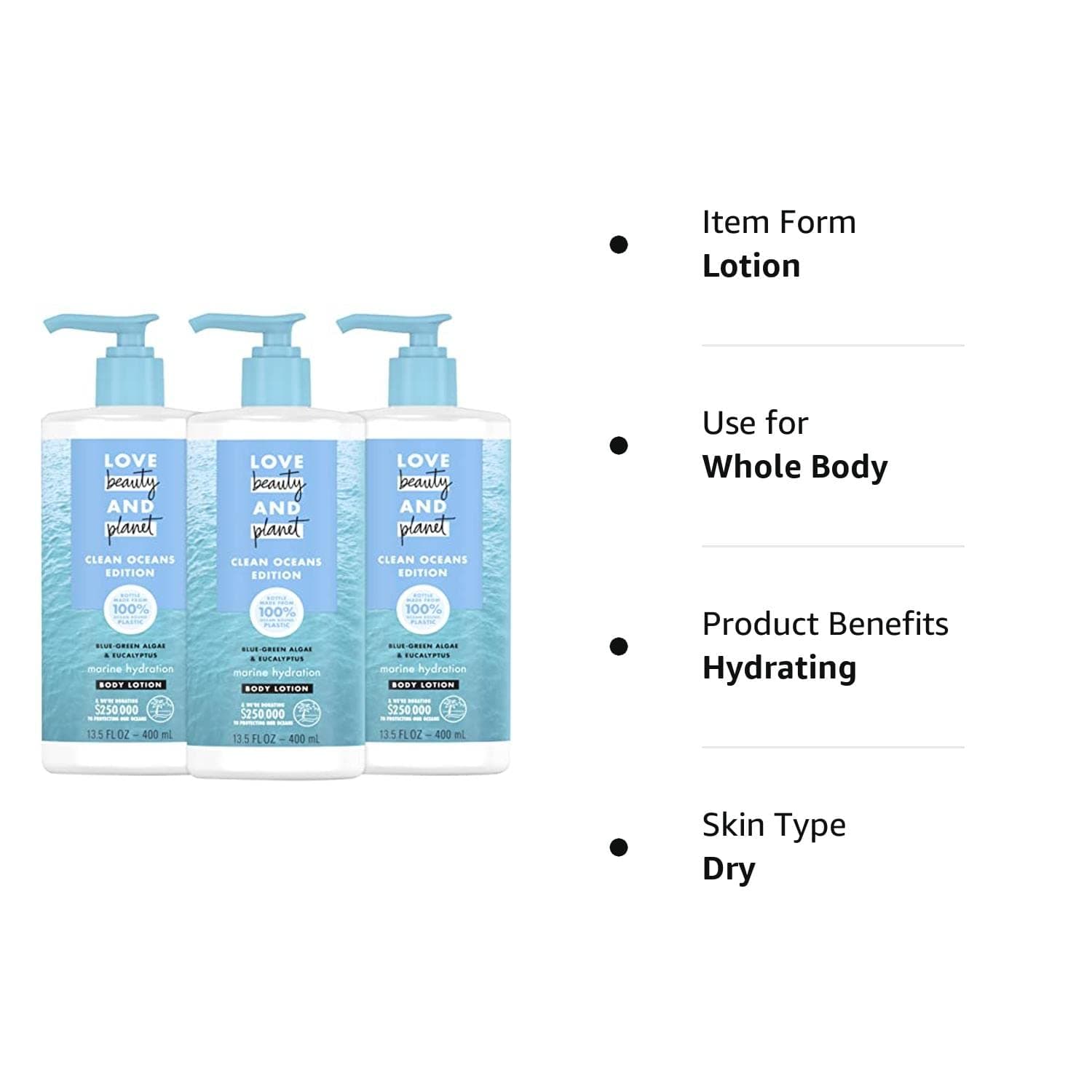 Love Beauty and Planet Marine Hydration Body Lotion with Moisturizing Blue-Green Algae & Eucalyptus 13.5 fl oz (Pack of 3)