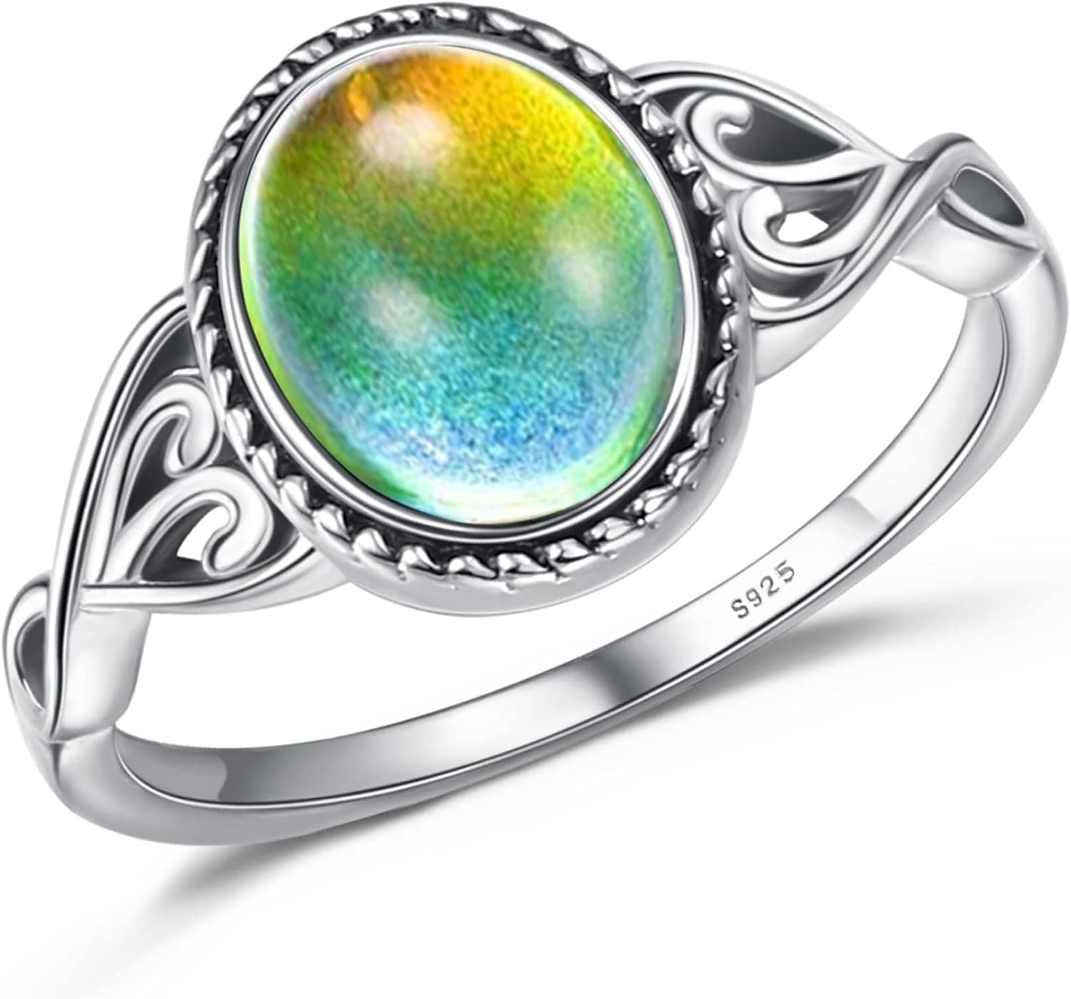 Milacolato 925 Sterling Silver Mood Rings for Women 18K White Gold Plated Handmade Oval Victorian Style Solitaire Ring Temperature-Control Changeable Ring Change Color Stackable Rings
