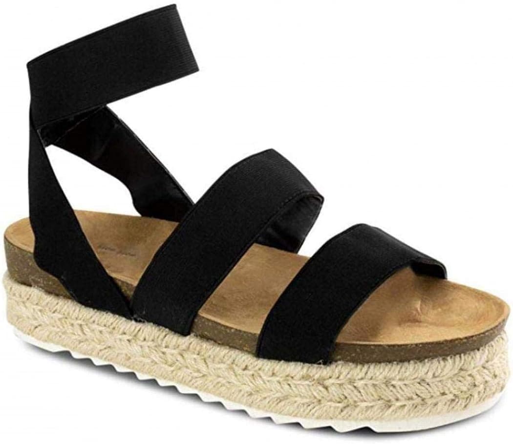 Women's Espadrille Sandals Stylish Comfortable Open Toe Strappy Elastic Strappy Casual Flatform Sandals (Black,7 M US)
