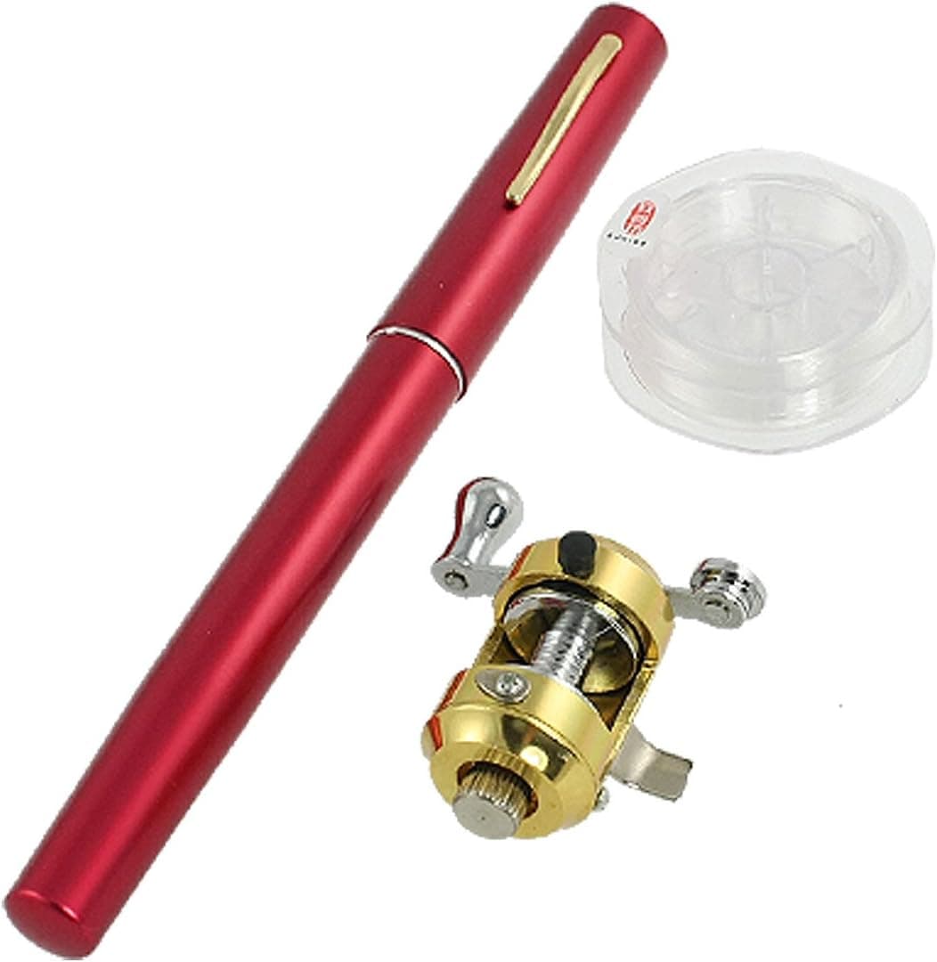 Portable Pocket 8" Red Pen Fishing Rod Pole Reel Line Kit