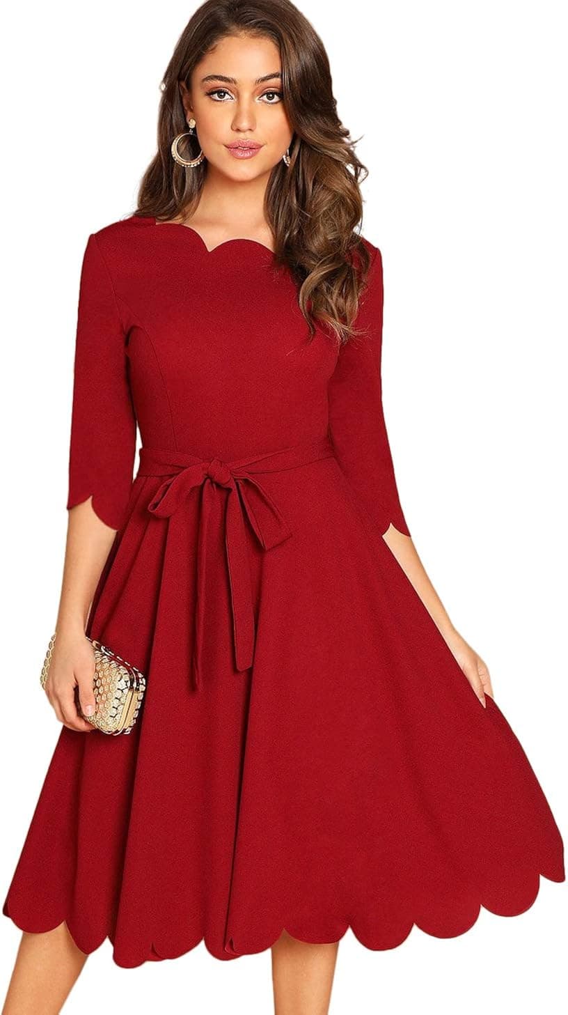 Milumia Women's Elegant Belted 3 4 Sleeve Fit Flare Cocktail Scallop Dress