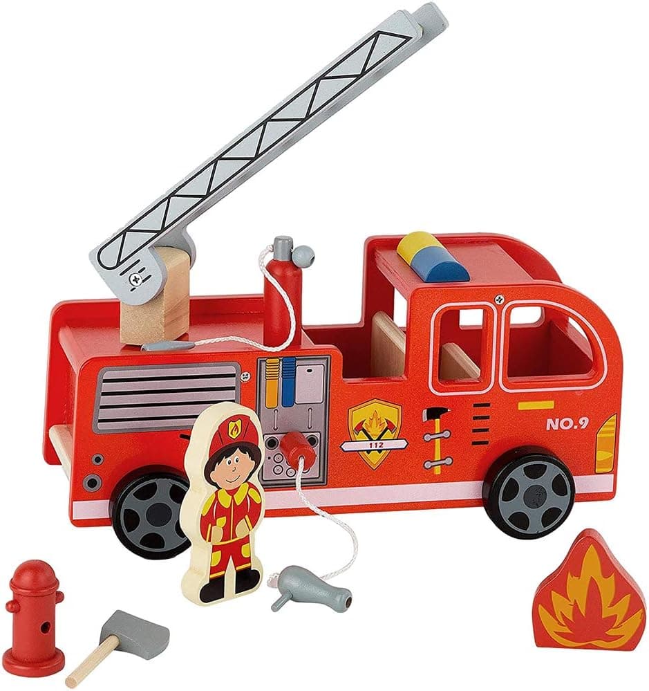 Toy Chest Nyc Wooden Fire Truck with Firefighter Play Figure and Accessories, Colorful Fire Response Playset, 7 Pc Play Set
