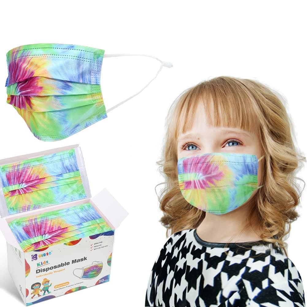 bigox Kids Masks Tie-dye 3 Layers Design with Adjustable Lanyard Individually Wrapped Disposable Mask for Chilldren Boys Girls 50pcs Tie Dye