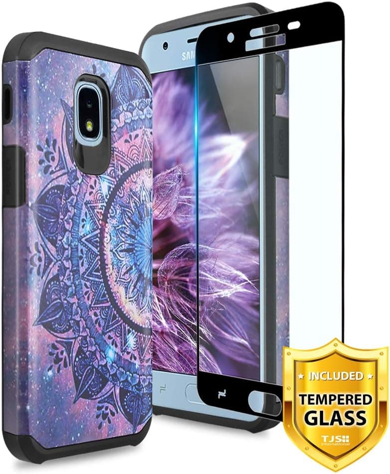 TJS Galaxy J7 2018/J7 Refine/J7 Star/J7 Eon/J7 TOP/J7 Aero/J7 Crown/J7 Aura/J7 V 2nd Gen Case [Full Coverage Tempered Glass Screen Protector] Dual Layer Hybrid Shockproof Phone Case Armor (Mandala)