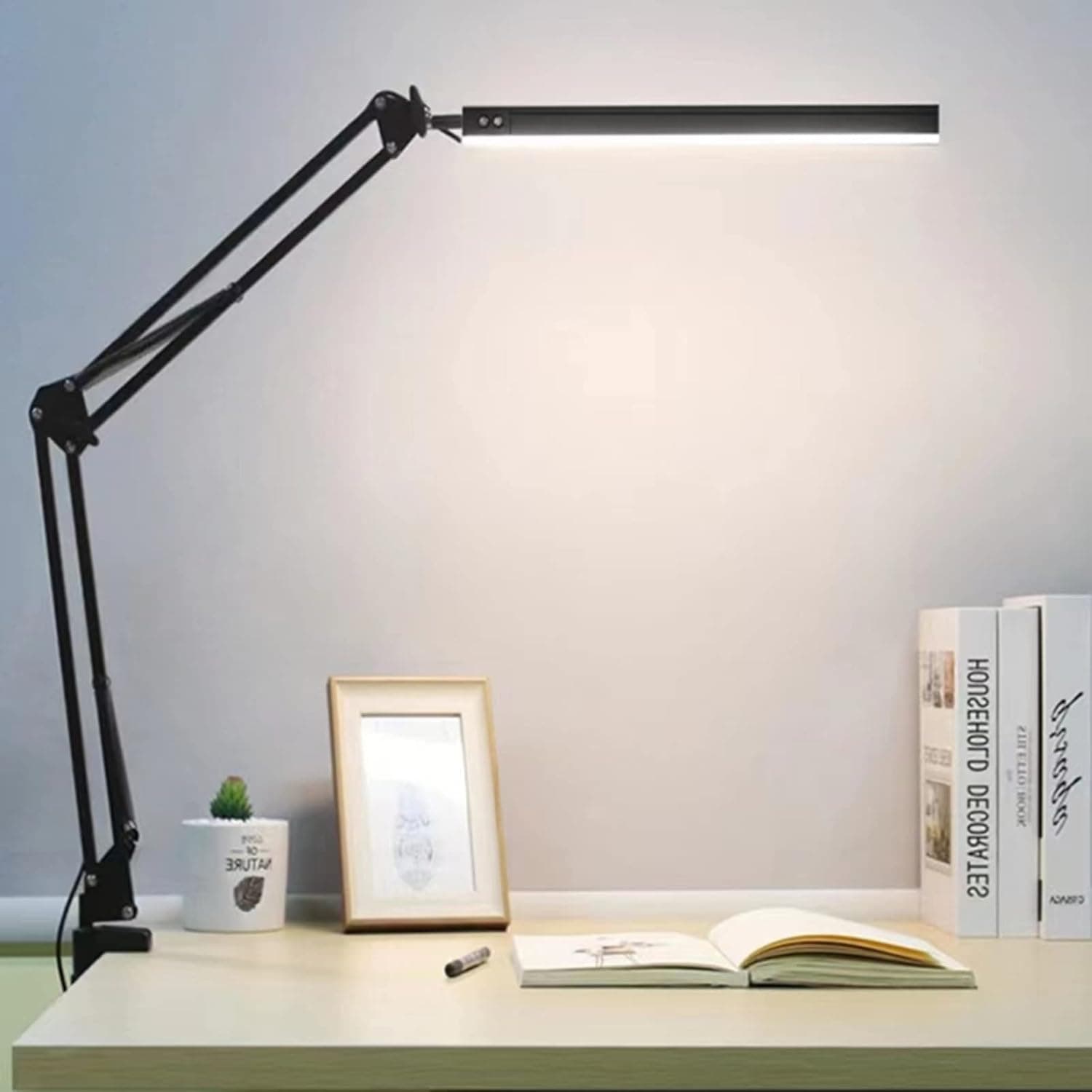 Habisder Desk Lamp, 12W Eye-Caring Metal Swing Arm Desk Lamp with Clamp, 3 Modes, 20 Brightness Dimmable Clamp Desk Light with Memory Function, for Home Office Study,Studios Reading LED Desk Lamps