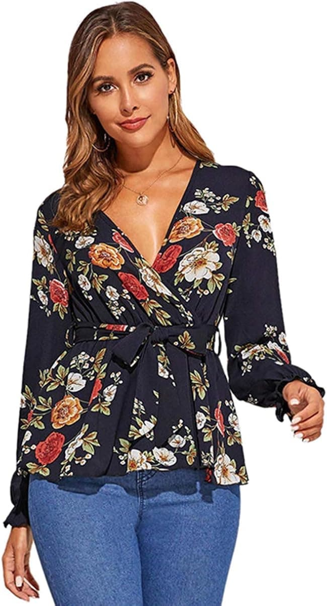 Romwe Women's Floral Print Deep V Neck Long Sleeve Ruffle Hem Belt Peplum Blouse Top