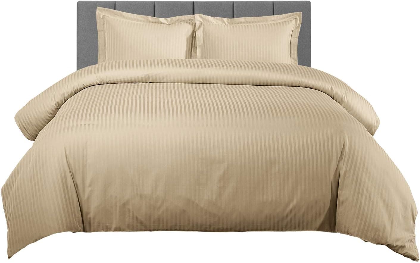 Damask Stripes 300-Thread-Count, 100-Percent Cotton King-California King 3PC Duvet Cover Set with Buttons Enclosure, Beige