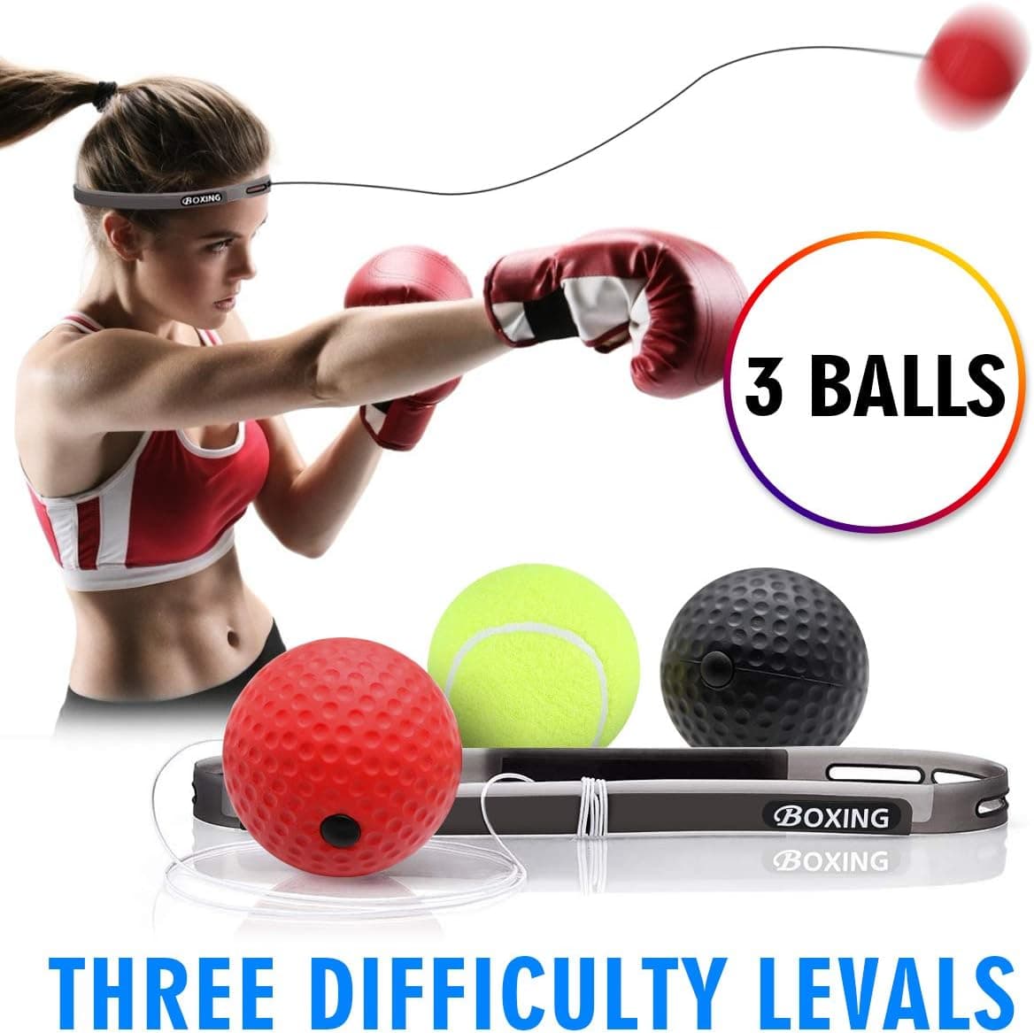 BQYPOWER Boxing Reflex Ball on String with Headband, 3 Difficulty Levels Boxing Fight Ball Equipment for Improving Punching Speed Reactions, Hand Eye Coordination, Agility