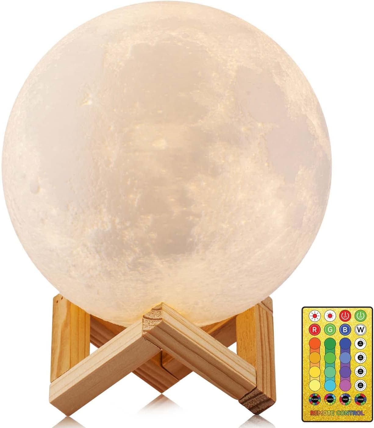 CPLA Moon Lamp 2023 Upgrade with Timing- PLA 3D Printing Moon Night Light for Kids Baby Bedroom Space Decor Cool Gifts for Girls Boys- Wooden Stand & Remote/Touch Control 4.8 inch (Small)