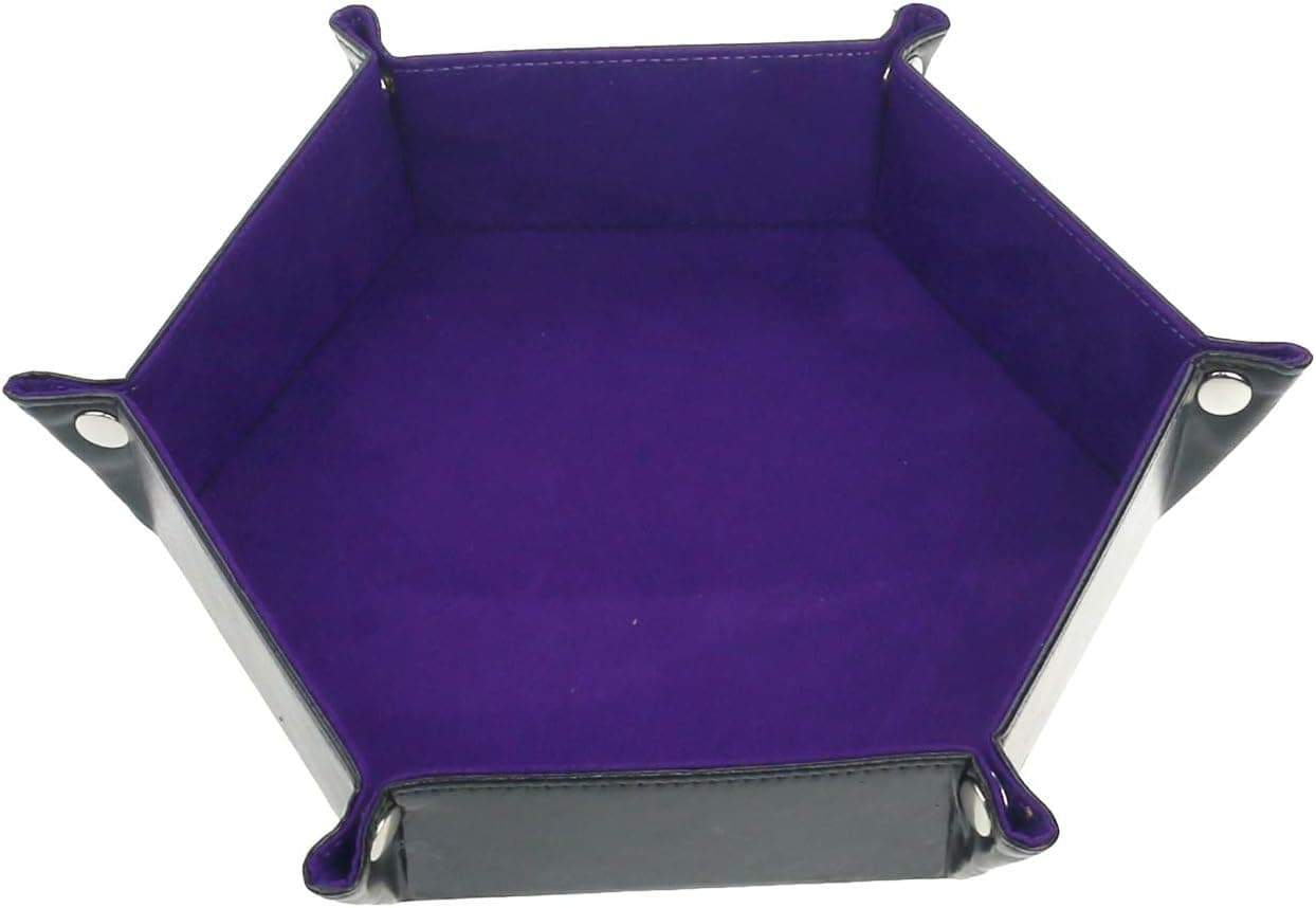 Dice Tray Folding Hexagon PU Leather Tray with Purple Velvet for RPG, DND, Other Dice Games and Storage