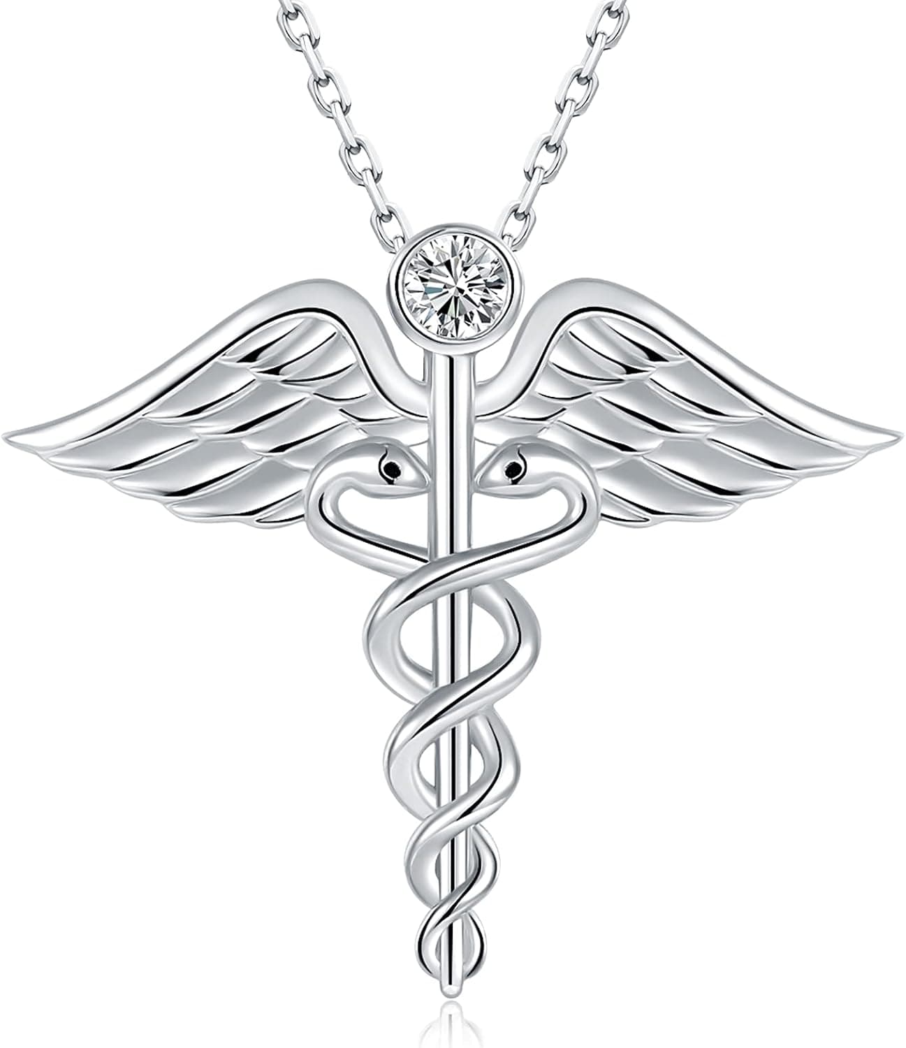 Bolelis Sterling-Silver Angel Rod of Asclepius Necklace - Medicine Nursing Themed White Gold Snake Caduceus Pendant,Wing Nurse Medical Symbol Jewelry Gift for Graduation Medical Student Women Girl