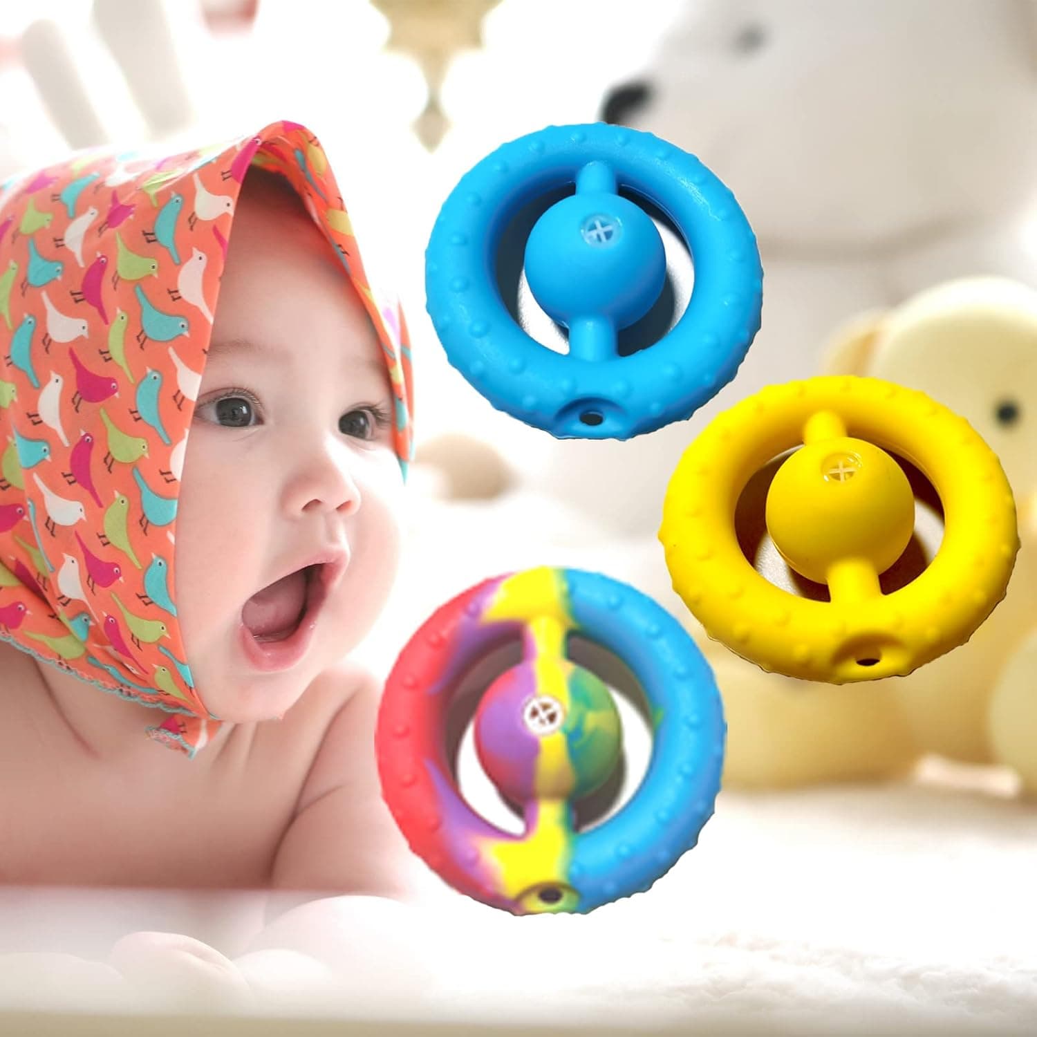 Clffeis Baby Water Toys - Bath Playtime for 0-2 Years Old - Squeaky Round Soft Silicone Kids Toys Set of 3