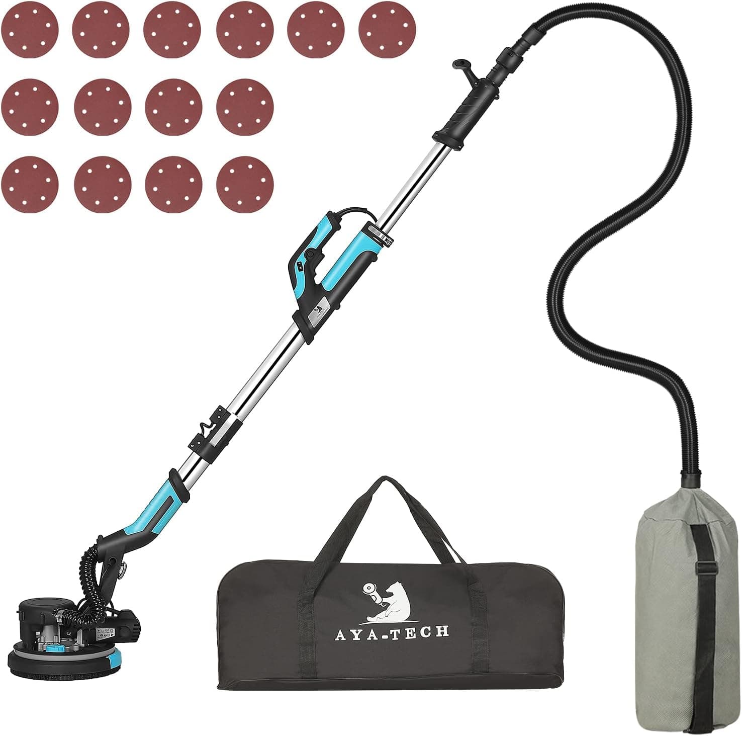 AYA-TECH Drywall Sander, 750W 6.5A Electric Drywall Sander with Vacuum Telescopic Foldable Pole Sender with 14 Pcs Sanding Discs, 7 Variable Speed Led Light Ceiling Sander Excellent Dust Removal (1)