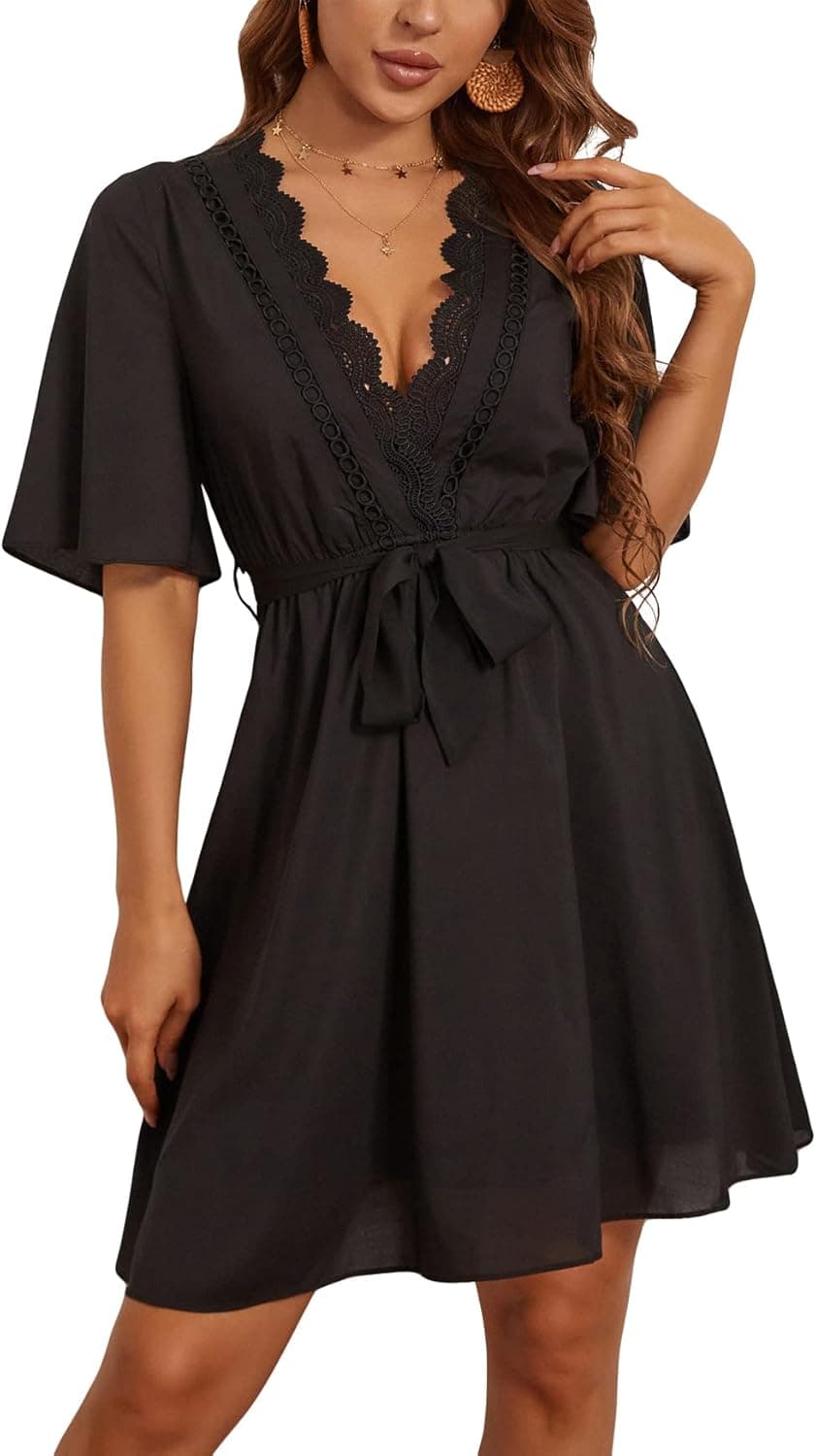 Kormei Womens V-Neck Short Flared Sleeve Lace Mini Swing Skater Short Dress with Belt