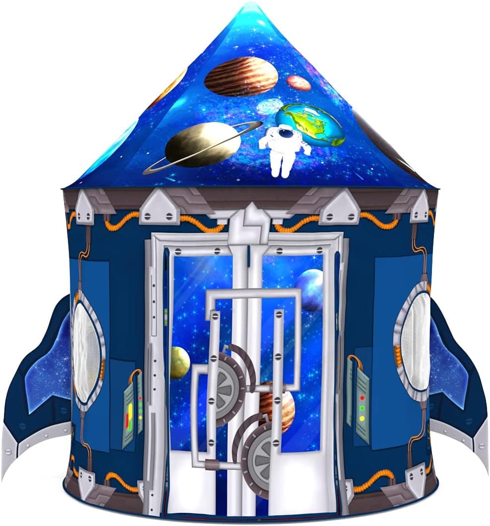 ImpiriLux Play Tent for Kids with Cape and Mask Costume Set | Rocket Themed Children's Pop Up Playhouse Fort for Boys and Girls