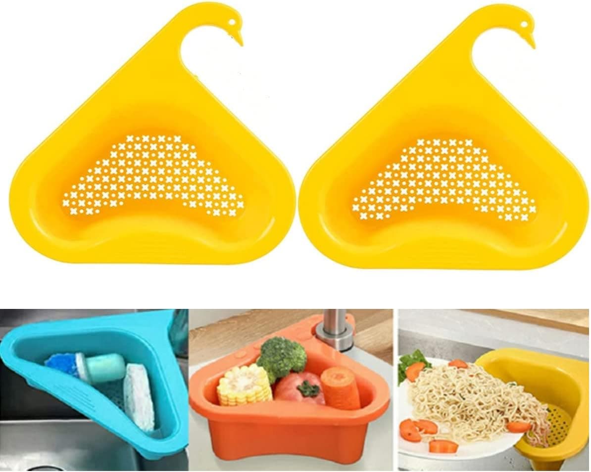 2PCS Kitchen Sink Drain Basket,Kitchen Sink Corner Strainer Basket for Faucets Diameter Max 1.8 inches,Swan Triangle Sink Drain Basket for Kitchen Sink(2Pcs, Yellow)