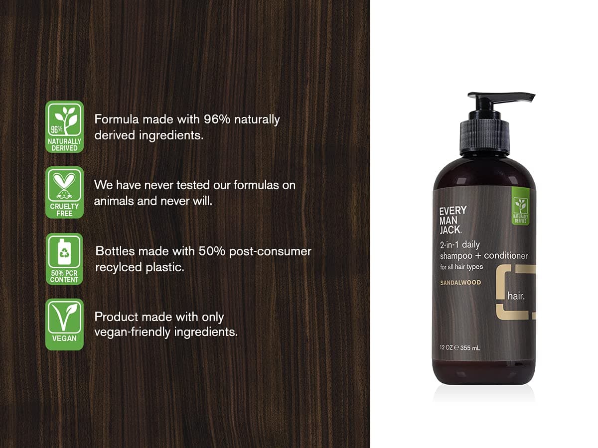 Every Man Jack 2-in-1 Daily Shampoo + Conditioner - Sandalwood | Nourishing For All Hair Types, Naturally Derived, Cruelty-Free Shampoo and Conditioner Set for Men | Twin Pack