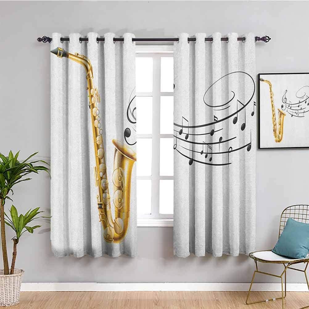 Music Closet Curtain, Curtains 63 inch Length Illustration of Fancy Old Saxophone with Template Solo Vibes Art Print Design Easy to Clean Golden Black White W55 x L63 Inch