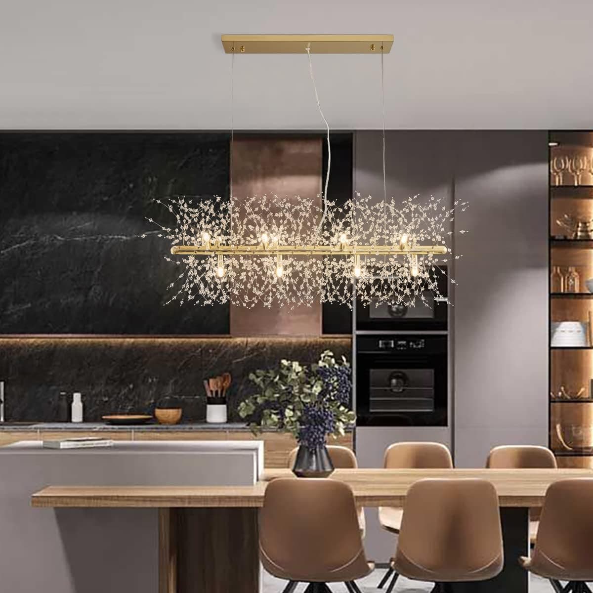 KJLARS Modern Crystal Firework Chandelier, Linear Dining Room Lighting Fixtures Hanging, Gold Dandelion Chandelier LED Pendant Lighting for Dining Room, Bedroom, Living Room (12-Light, 35.5" Gold)