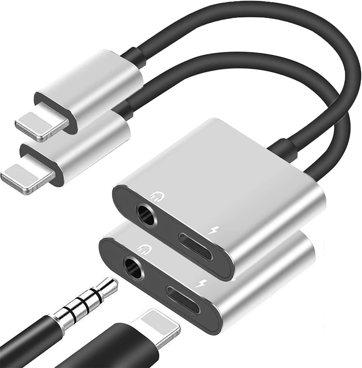 2 Pack Lightning to 3.5 mm Headphone Jack Adapter for iPhone, [Apple MFi Certified] 2 in 1 Lightning to 3.5mm AUX Audio Charger Splitter Compatible with iPhone 14 13 12 11 XS XR X 8 7 Earphone Adaptor