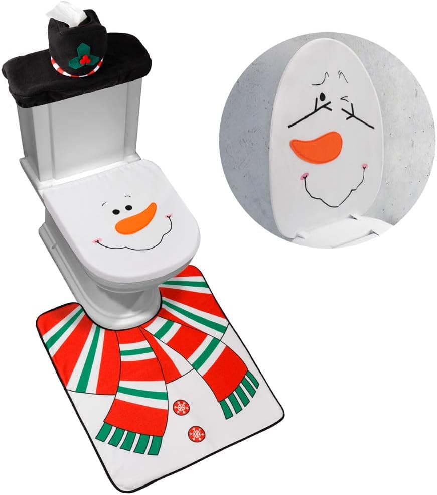 D-FantiX 4-Piece Snowman Santa Toilet Seat Cover and Rug Set Red Christmas Decorations Bathroom