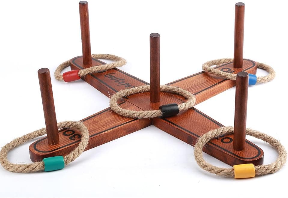 Goutoports Wooden Loop & Hoop Ring Toss Game Set, Kids and Adults Games with 5 Quoits Rope and Carrying Bag