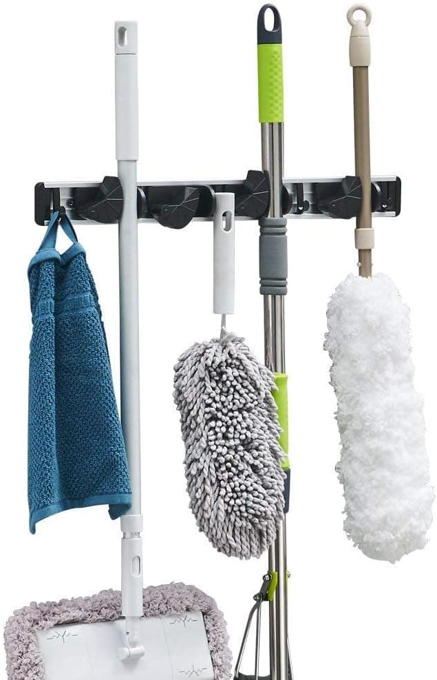 BESy No Drill Mop and Broom Holder Self Adhesive, 4 Grips with 5 Hooks Garage Storage Holds Up to 9 Tools, Heavy Duty Storage Solutions, Garage Storage Systems Broom Organizer,Wall Mounted, Black