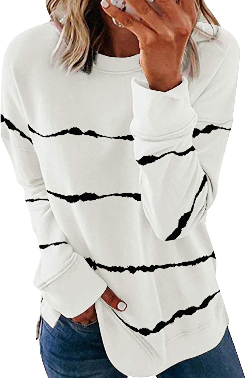 Biucly Womens Casual Long Sleeve Crewneck Sweatshirt Striped Printed Loose Pullover Tops Shirts