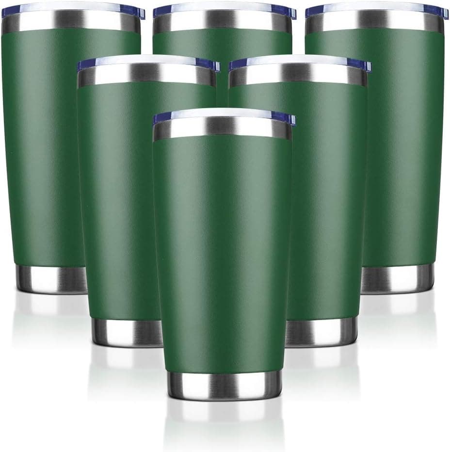 EcoMozz 20oz Tumbler Bulk Stainless Steel Vacuum Insulated Tumblers with Lid Double Wall Travel Mug, Durable Powder Coated Coffee Cup, Suitable for Ice Drinks and Hot Beverage (Dark green 6pack)