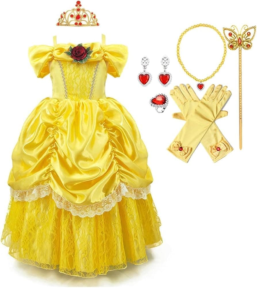HOIZOSG Belle Princess Dress Up for Girls Beauty and The Beast Halloween Costume Christmas Birthday Party Gown w/Accessories
