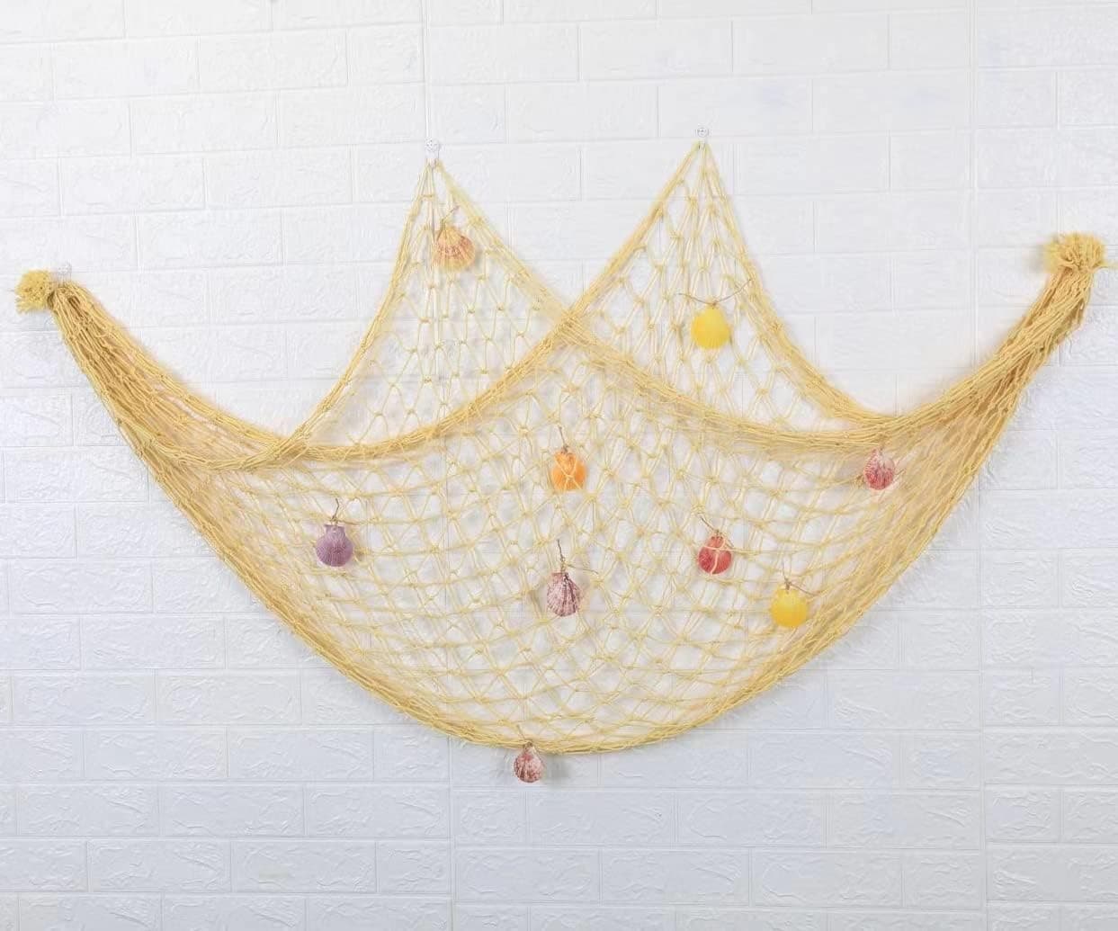 Fishing net wall decor Cotton rope with natural shells Beach theme 59 inches * 79 inches for party Bedroom Home creative photo decorations (yellow)