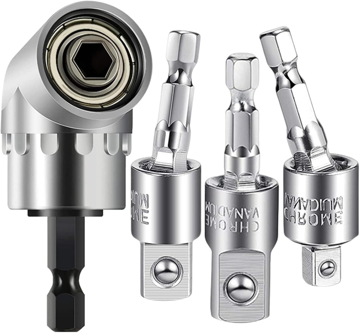3 Pcs Power Drill Sockets Adapter Sets,360°Rotatable Hex Shank Impact Driver Socket Adapter 1/4" 3/8" 1/2" Impact Driver Adapter and 1Pcs Right Angle Drill 105 Degree Right Angle Screwdriver set Drill