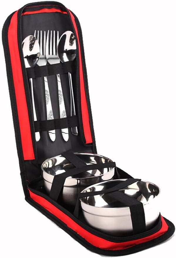 MLMSY 6 Piece Stainless Steel Bowl Fork Spoon Camping Cutlery Set with Carrying Bag for 2 People