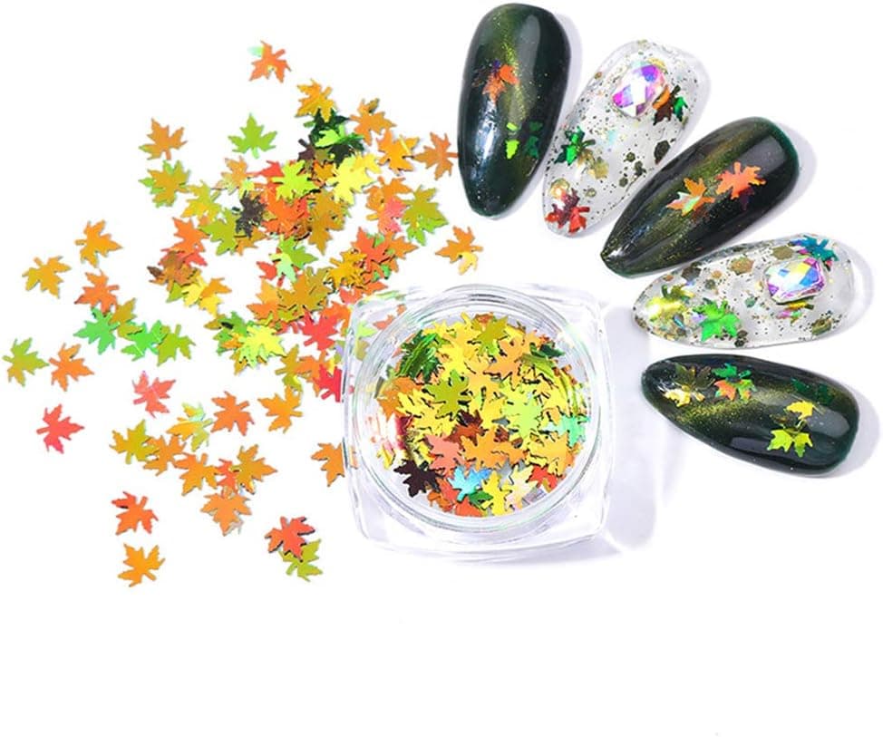 4 Colors Fall Nail Art Stickers Thanksgiving Nail Art Sequins Decals Nails Decorations Supply Manicure Tips Accessories Green Orange Gold Red Design Autumn Gradient Maple Leaf Thin Nail Sequins