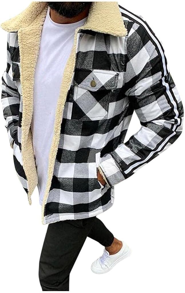 QWENTMTNTY Sherpa Fleece Lined Jacket for Men Plaid Flannel Vintage Distressed Trucker Jacket Regular Fit Thermal Winter Coats