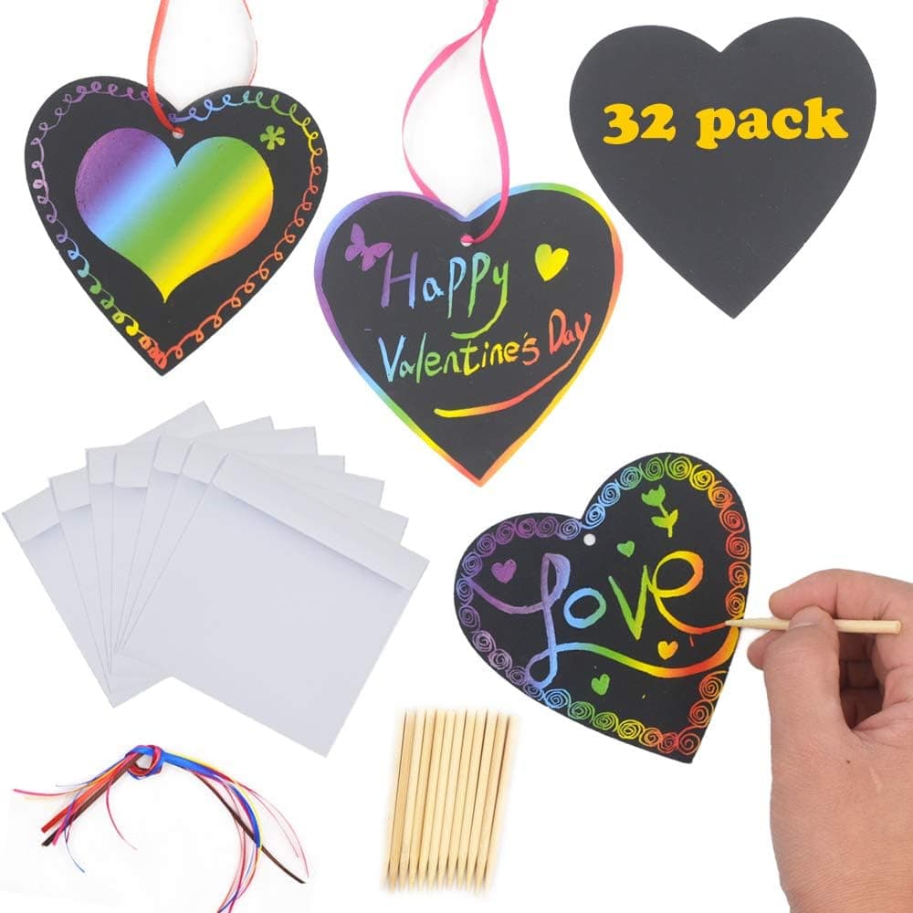 BEIGUO Valentines Day Cards for Kids 32 Pack Magic Color Scratch Heart with Sticker Envelopes for Kids Party Favor School Classroom Gift Exchange (White)