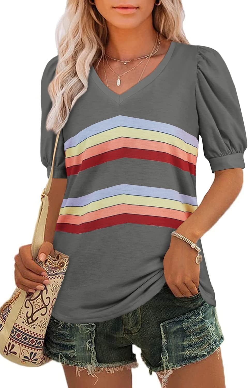 Yousify Womens V Neck Puff Short Sleeve T-Shirts Summer Printed Casual Loose Tops Tunic Blouse