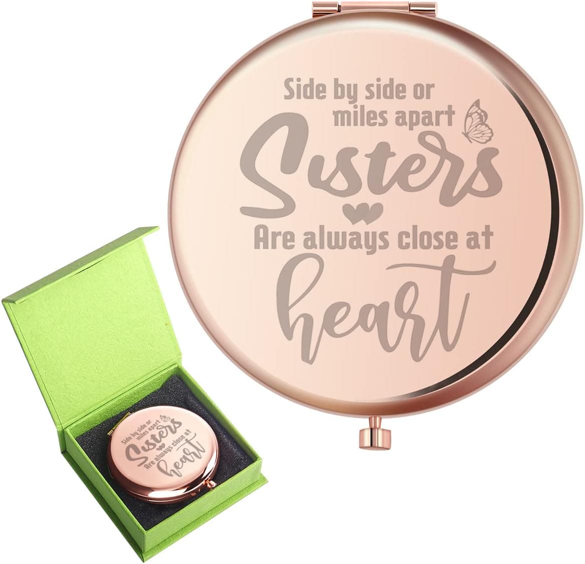 z-crange Gifts for Sister,Side by Side or Miles Apart Sisters are Always Close at Heart Rose Gold Compact Mirror for Sister,Unique Graduate Birthday Gifts for Sister from Sister Brother