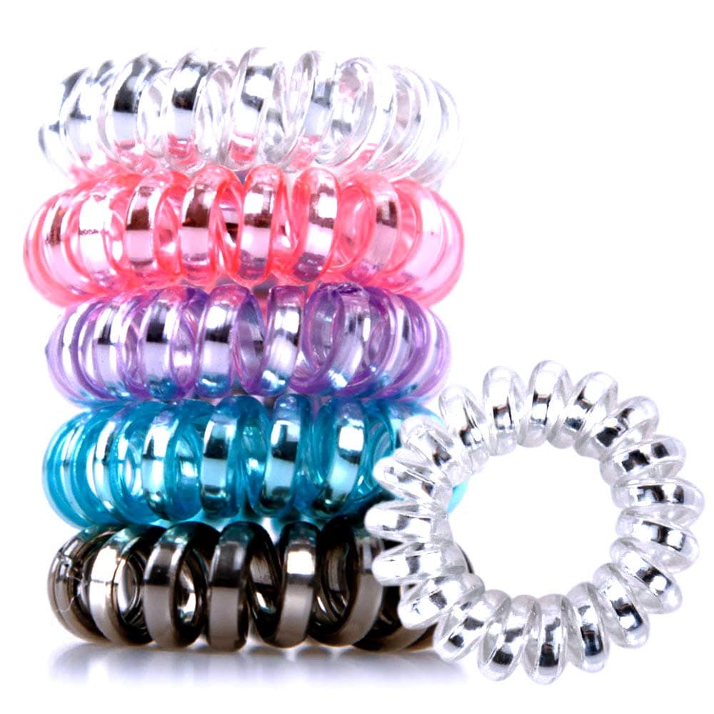 Spiral Hair Ties Traceless No Crease, Coil Hair Ties, Phone Cord Hair Ties, Hair Coils, KeyChain Bracelet Hair Ties, Colorful Ponytail Holder, Rubber Bands for Women Girls With 2 Black Hair Elastics
