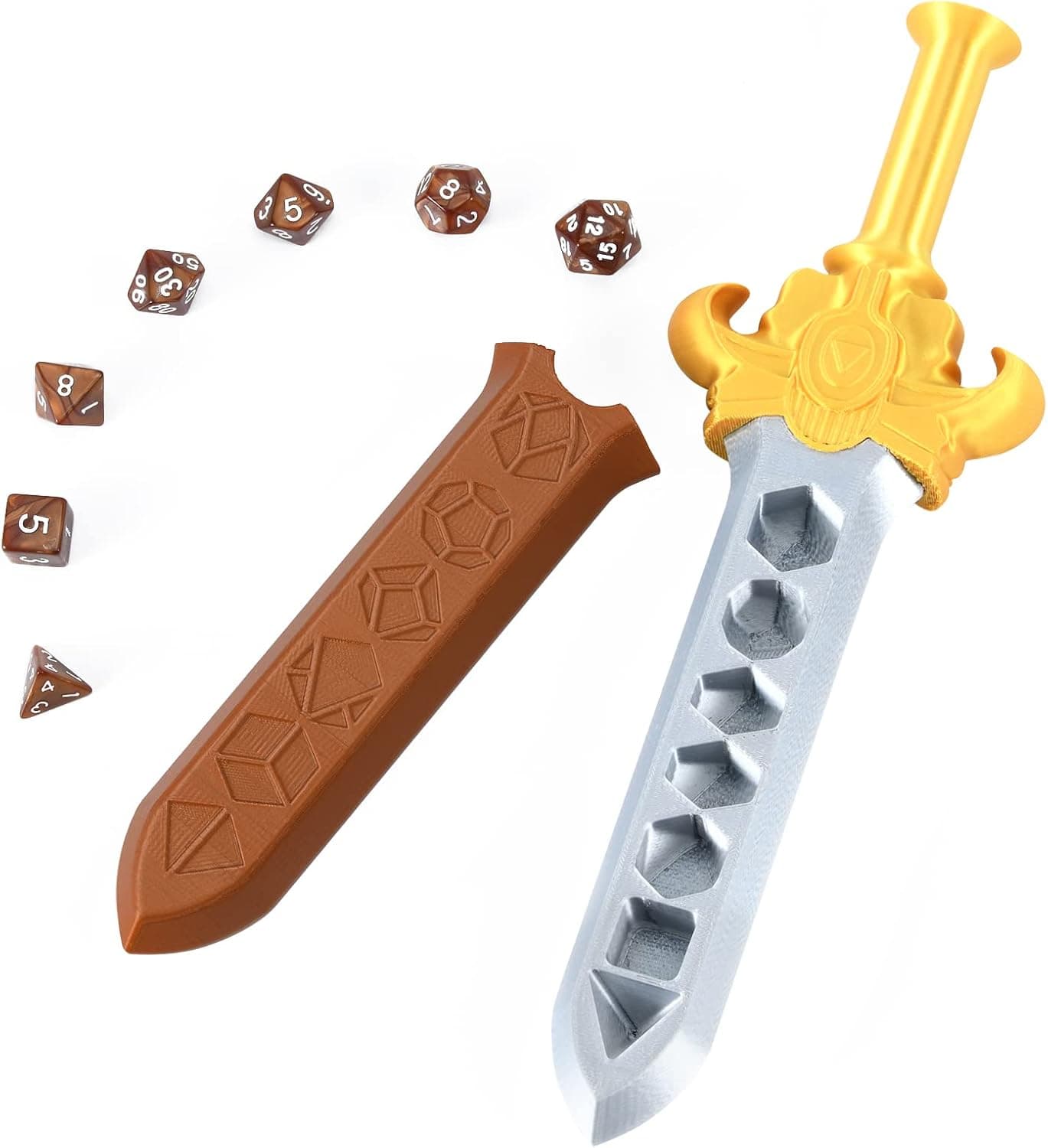 Dice Dagger with 7PCS D20 Dice Dungeons and Dragons Dice Set DND Dice Holder Polyhedral Dice Gift Sword D&D Dice Scabbard Dice Box Sword Dagger Polyhedral Dice Storage Dice D20 Brown