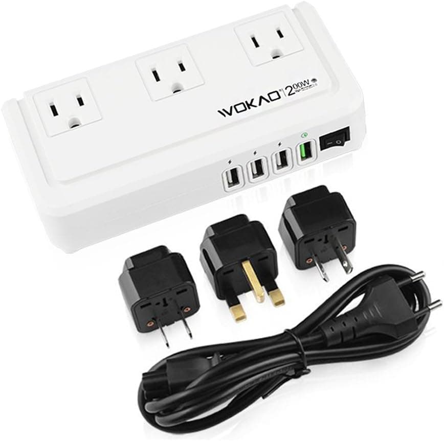 WOKAO V2 Voltage Converter with Quick Charger 200W Power Converter Step Down 220V to 110V Voltage Converter with 3 AC Outlets and 4 USB Ports for iPhone X/iPhone 8 Plus/Samsung/iPad/Tablet