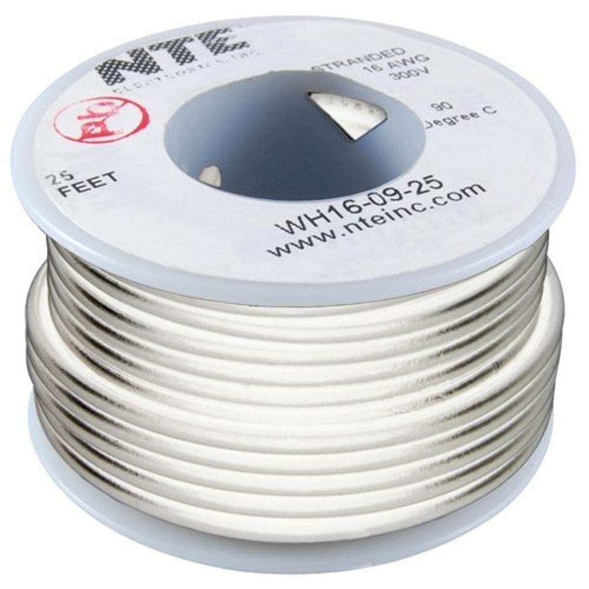 NTE Electronics WT26-09-25 Series WT Teflon Hook Up Wire, Type 26 Gauge, 7 Stranded, 25' Length, 600V, White