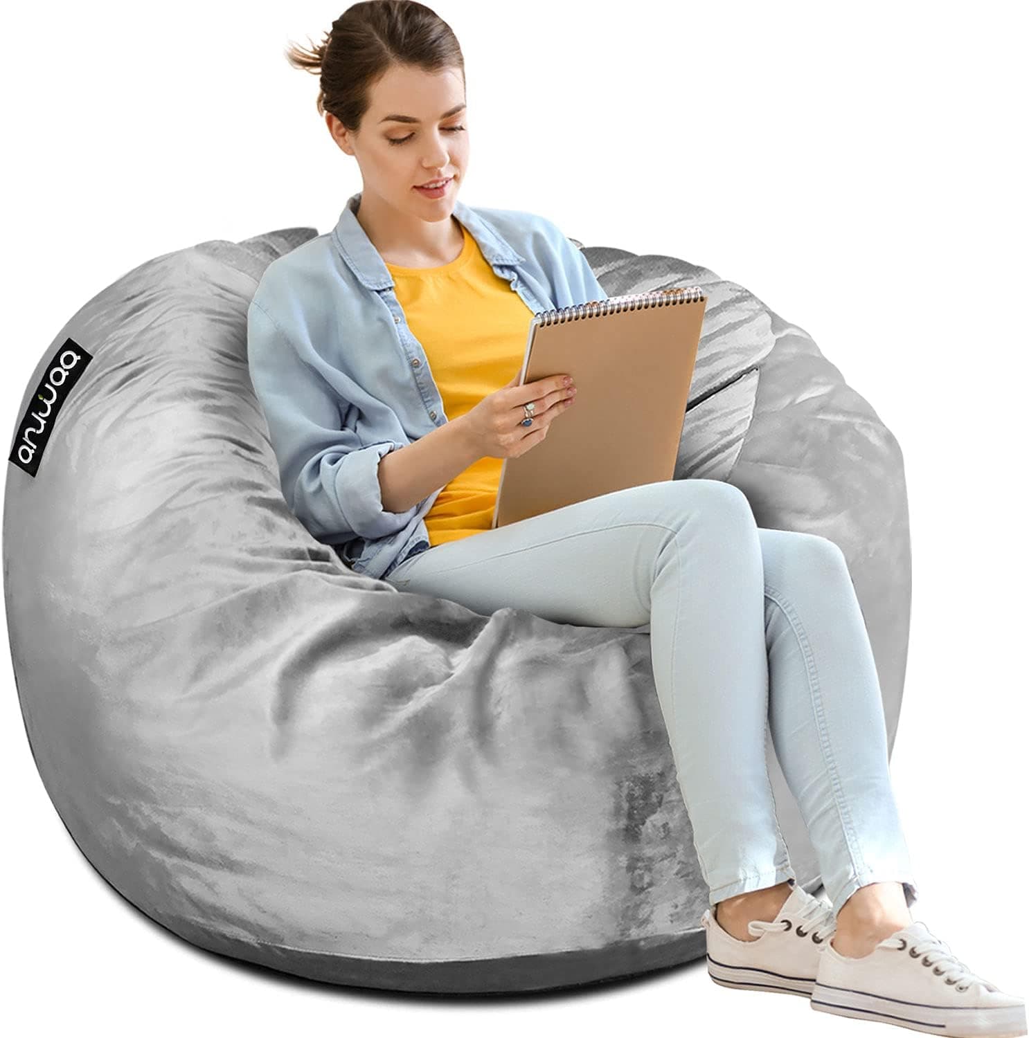 Bean Bag Chair, 3 Foot Memory Foam Bean Bag for Adults, Big Sofa with Fluffy Removable Microfiber Cover, Furnitures for Dorm Room and Living Room, Sliver Grey
