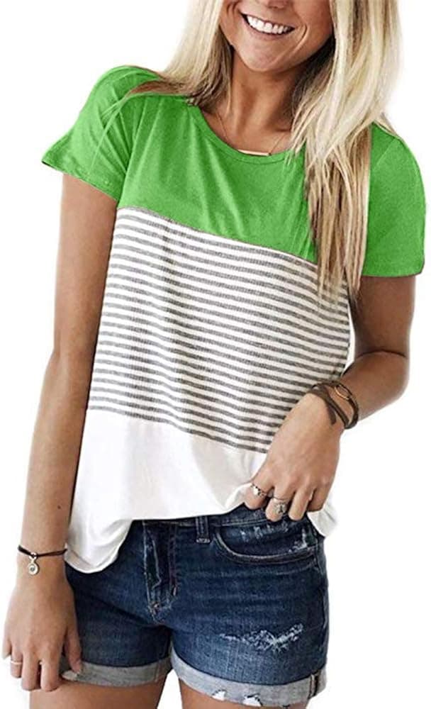 CUNLIN Womens T Shirts for Women Leopard Polka Dot Striped Color Block Plain Basic Tees Tops XS-3XL
