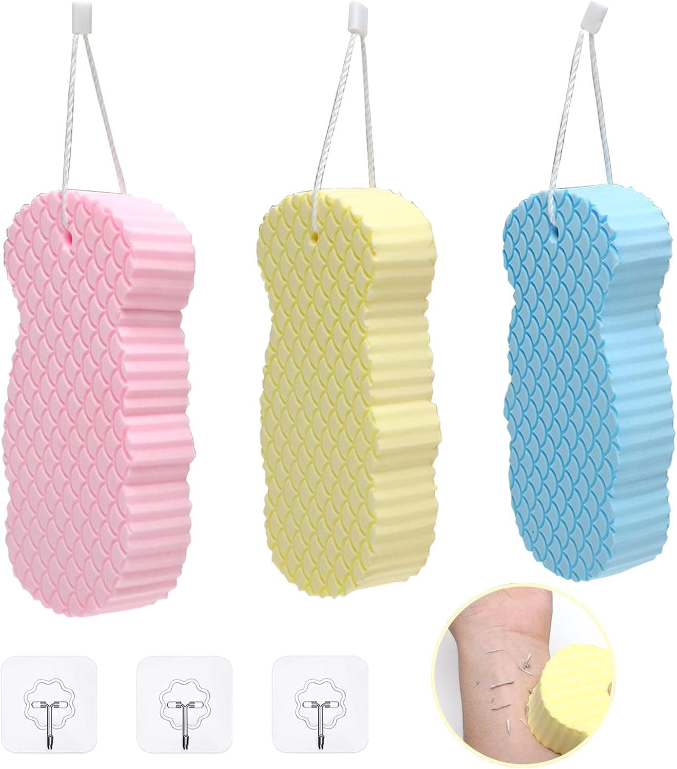 GFPGYQ 3Pcs Super Soft Exfoliating Bath Sponge, Resuable Painless 3D Exfoliating Dead Skin Body Sponge with 3 Sticky Hooks, for Adults Men Children and Pregnant Women