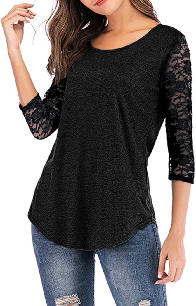 Anbenser 3/4 lace Sleeves T-Shirt for Women Casual Blouse Round Neck Tunic Tops Black