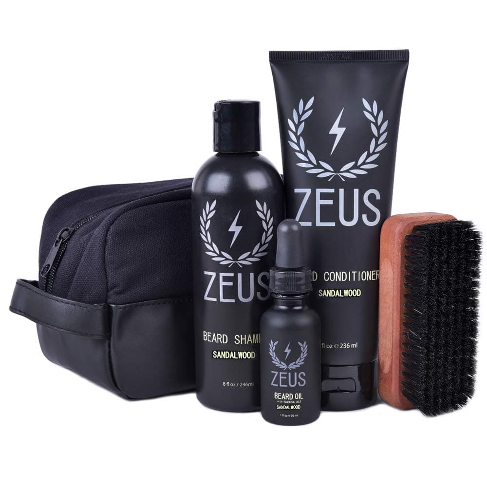 ZEUS Deluxe Beard Care Travel Dopp Kit - Beard Wash Set, Natural Beard Oil, Beard Brush & Travel Toiletry Bag (Sandalwood)