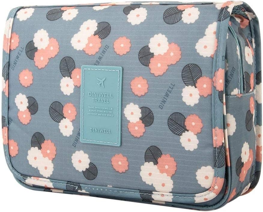 Trawila Travel Hanging Toiletry Bag Cosmetic Bag Makeup Organizers for Men & Women with Sturdy Hook (Blue flower)