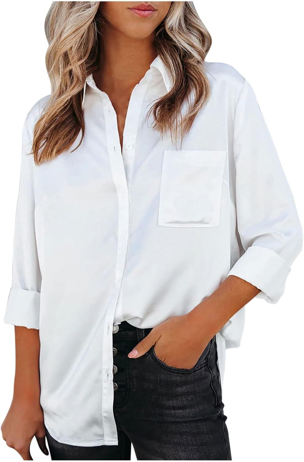 Womens Blouses 2023 Spring Fashion Long Sleeve Button Down Shirts Dressy Casual Business Work Plain/Striped Tops Trendy Tees