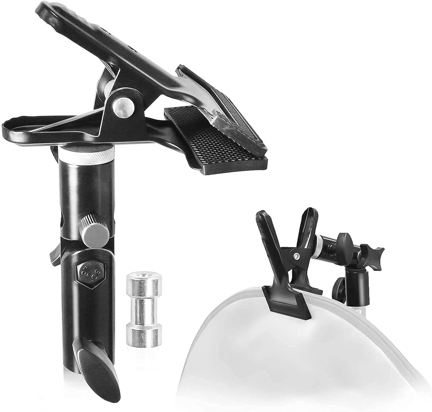 LimoStudio Heavy Duty Metal Clamp Clip Holder Light Stand Mount Bracket with Umbrella Reflector Holder, Female Screw Adapter Thread Brass and 5/8" Light Stand Attachment for Reflector, AGG1809